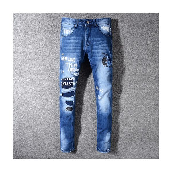 

mens designer jeans fashion letters patch pants luxury pattern mens denim jean for hip hop streetwear kanye west style 2019 winter new, Blue