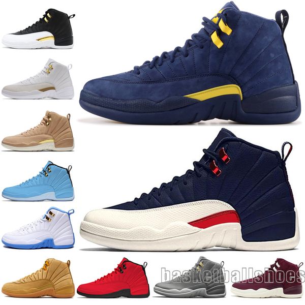 

2020 12 12s mens basketball shoes michigan bulls college navy vachetta tan dark grey bordeaux pinnacle metallic gol