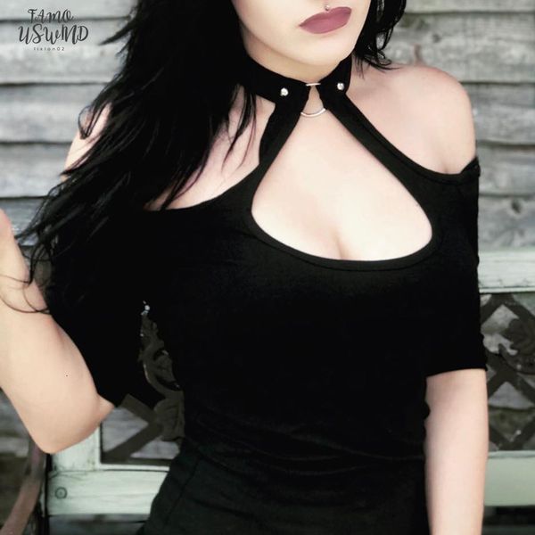 

women t shirt off shoulder hollow out gothic club black tshirts summer slim plain rivets hole punk style lady short backless, White