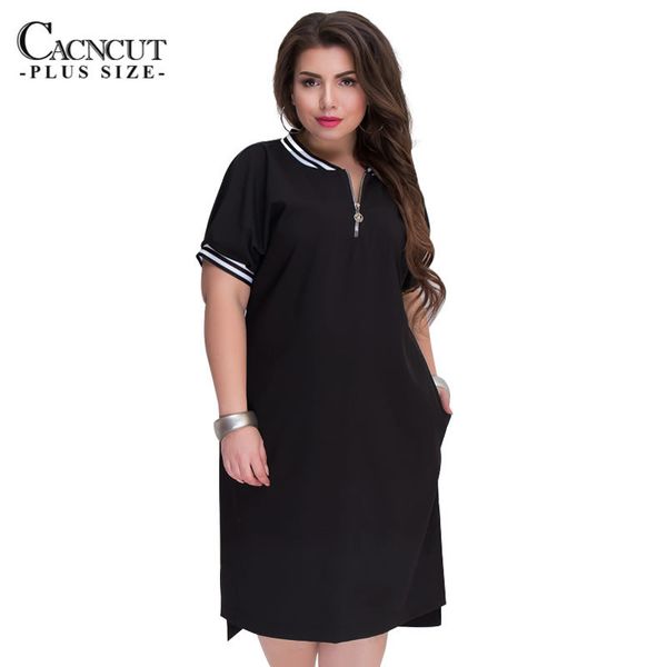 

cacncut 5xl 6xl 2019 plus размер straight платье женщины o-образный вырез с молнией большого размером summer casual свободного твердое плать, Black;gray