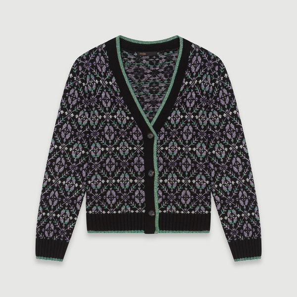 

women sweater 2019 autumn and winter new bright silk contrast color piping v-neck jacquard knit cardigan coat, White