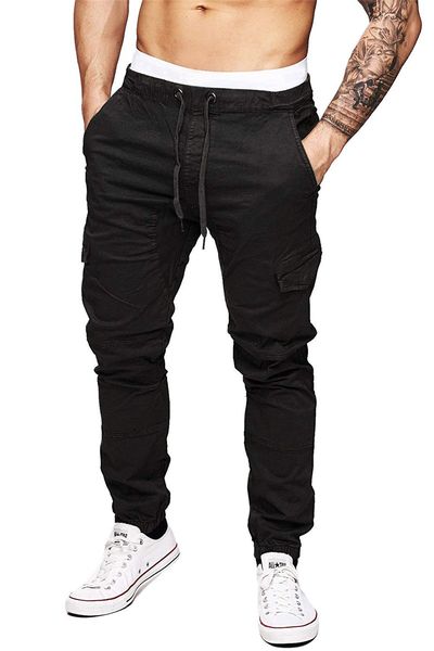 

solid color mens pants designer multi-pocket drawstring cotton long trousers four season men casual little feet pants, Black