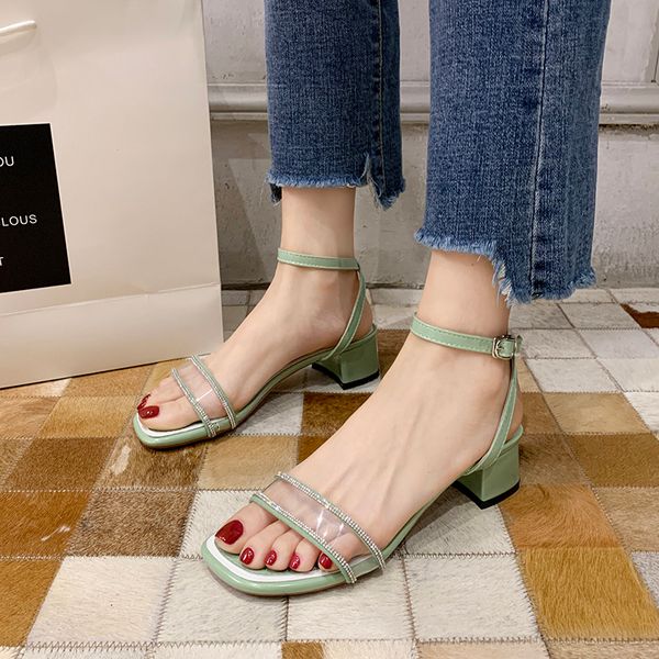 

comfort shoes for women open toe med anti-skid clear heels 2020 summer female sandal buckle strap rhinestone sandals all-match, Black