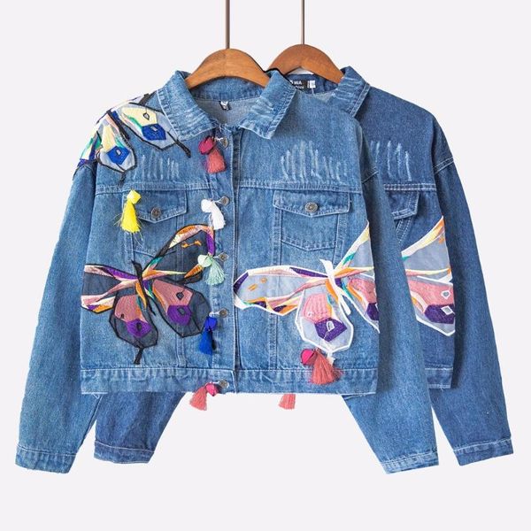 

colorful butterfly embroidery ladies cropped jean jackets patch designs womens denim coats with tassel short chaquetas c75901j, Black;brown