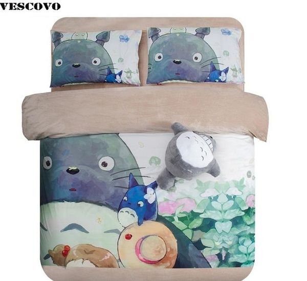 

coral fleece oil painting cartoon totoro 3/4 piece set comforter quilt pillowcase fitted bed sheet