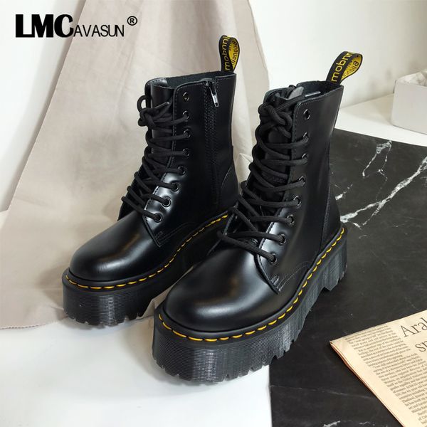 

lmcavasun black patent leather ankle boots women lace up platform boots women winter warm plush street style shoes