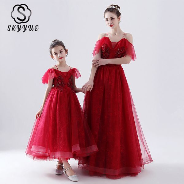 

skyyue crepe a-line evening dress for mother and child fb111 red appliques vestido off the shoulder sling parent-child gown 2020, White;black