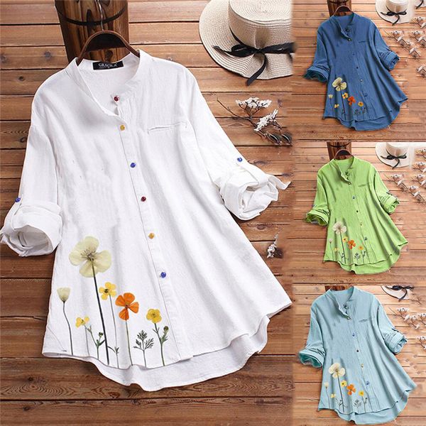 

women's blouses & shirts womens pleated floral print long sleeve casual blouse stand collar colorful loose shirt -3xl, White