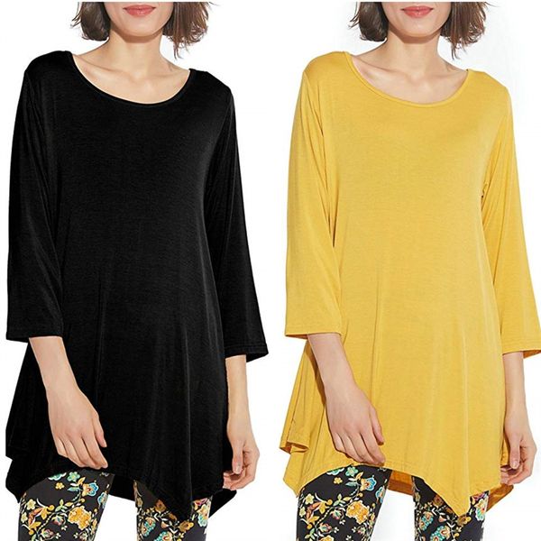 

autumn solid color round collar with seven sleeves irregular hem women's t-shirt autumn solid color round collar with seven sleeves irr, White