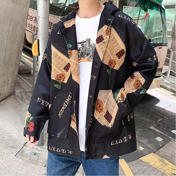 

men's printing hooded jackets coats zipper m-5xl oversized autumn winter 2019 casual loose pocket youth man streetwear outerwear, Black;brown