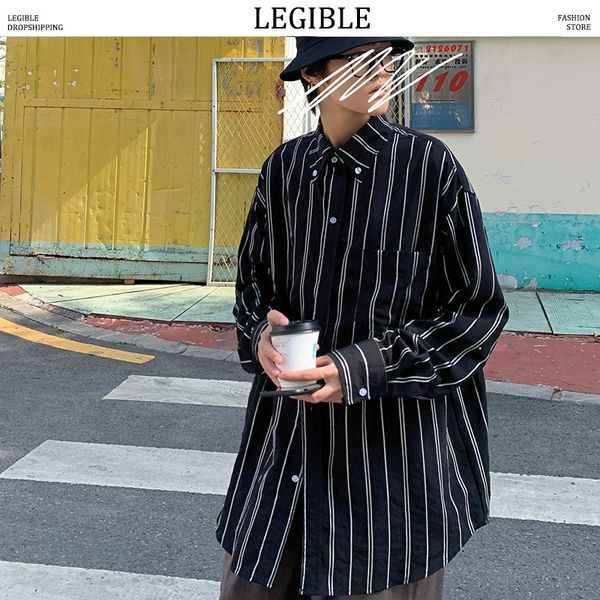 

legible 2020 men fashion spring autumn striped shirt mens japanese streetwear shirts male long sleeve oversize casual clothes, White;black