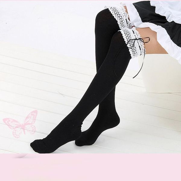 

winter fashion lace high tube socks meias femininas de algodao kawaii high school women's socks harajuku thigh corap, Black;white
