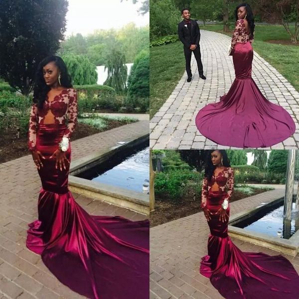 

burgundy long sleeves lace mermaid prom dresses backless court train evening gowns vestiods formal women pageant gown robe de soiree, Black