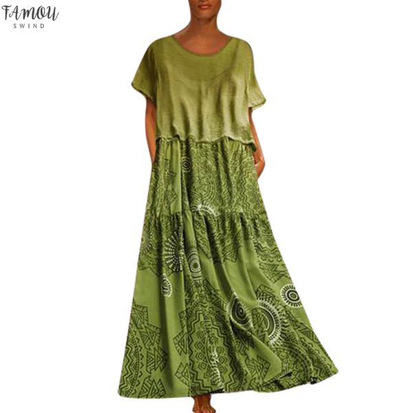 

plus size summer dress for women vintage nationsl style print loose long dresses casual round neck short sleeve vestidos femme, Black;gray
