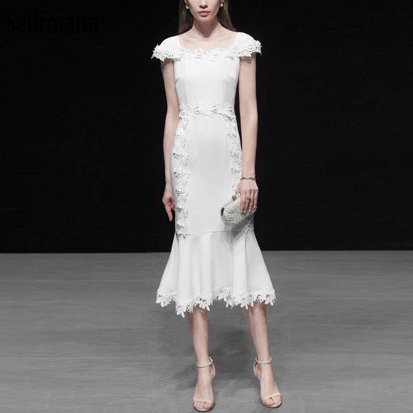 

seifrmann 2019 women spring summer dress runway fashion designer appliques ruffles elegant mermaid party white vintage dresses, Black;gray