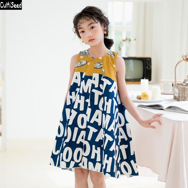 

cultiseed girl summer sleeveless vest dress 2020 new fashion big children girls letter print loose casual dress kids cute dress t200417, Red;yellow