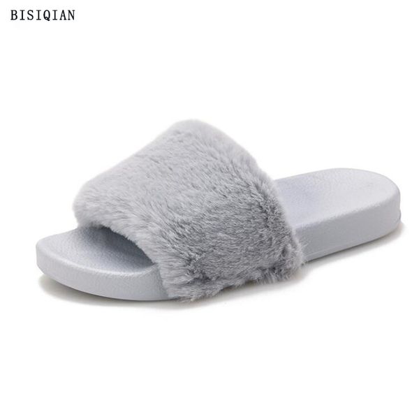 

summer parent-child faux fur slippers fur slides children furry slippers women fluffy house shoes flip flops cross soft, Black