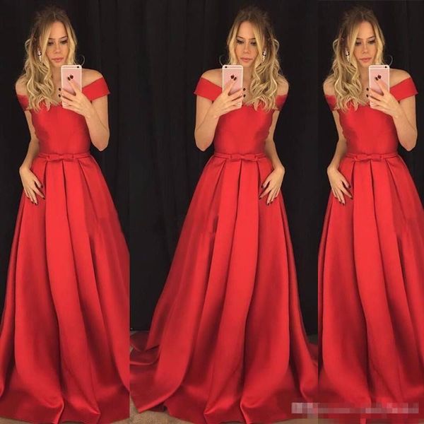 

2019 simple red satin prom dresses sweep train ruched ribbon bow off shoulder formal evening wear plus size custom made, Black