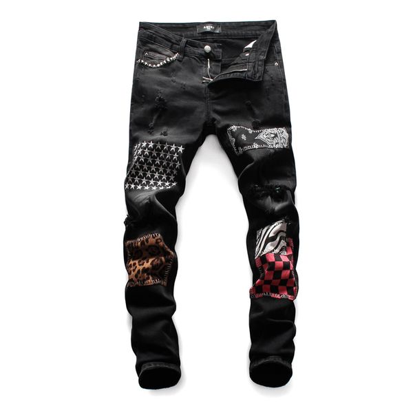 

black patch print ripped pants man slim cotton pencil jeans pantherine square lattice hole fashion pants, Blue