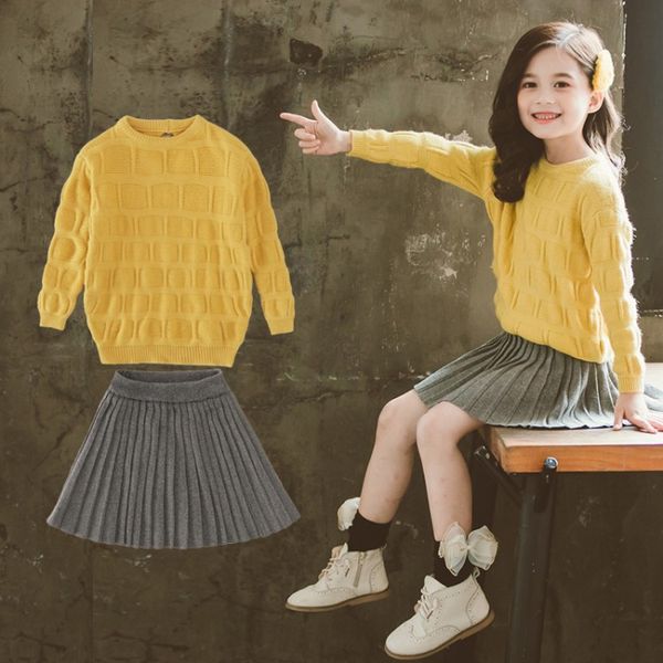 

girls clothing sets fashion back to school outfit for girls kids sweater + skirt clothes sets 8 10 12 years children suits, White