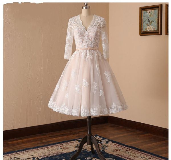 

иллюзия с длинным рукавом короткие свадебные платья sexy v-образным вырезом кружева аппликация ленты лук hollow назад свадебные платья сваде, White