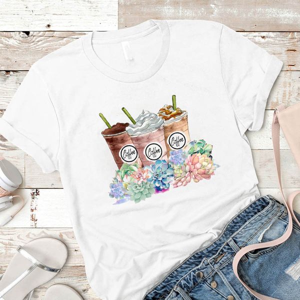 

women shirt womens coffee ice flower summer ladies female mujer camisa tshirt tees printed graphic clothes t-shirt, White