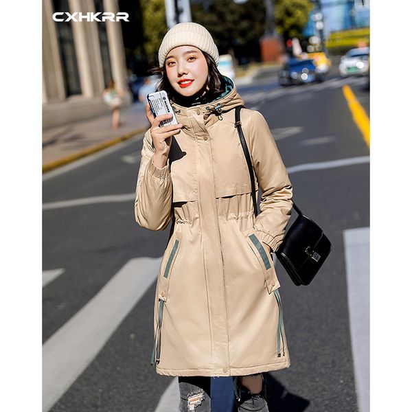 

cxhkrr fashion plus velvet thick parka women 2020 autumn and winter clothing new korean casual hooded warm long trench coat, Tan;black