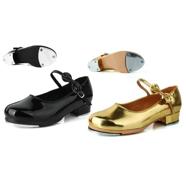 

child slide buckle with bow tap shoes shiny patent leather non-skid rubber pad tap dance shoes for girls women size 34-39