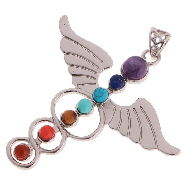 

crystal 7 chakras healing stones angel wing meditation chakra charm pendant, Silver