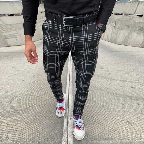 

men's casual pants plaid social slim fit black trousers zipper mid waist skinny business office work party male spring stretchy