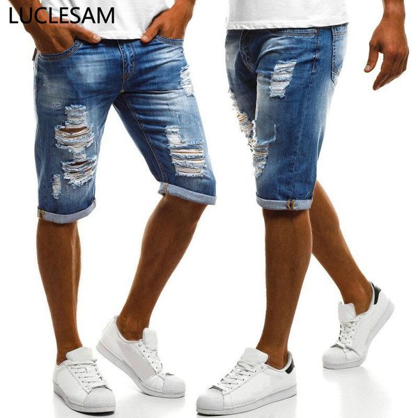 Gerade zerstörte Loch Denim Männer neue Mode Distressed Shorts Casual Slim Fit Vintage zerrissene Jeans kurz Hellblau 3XL