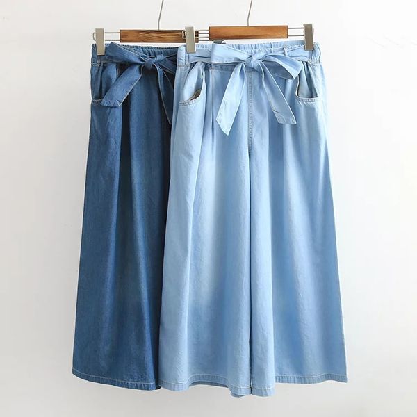 

2019 spring summer casual blue/sky blue wide-leg pants female loose high waist lace up ankle-length trousers