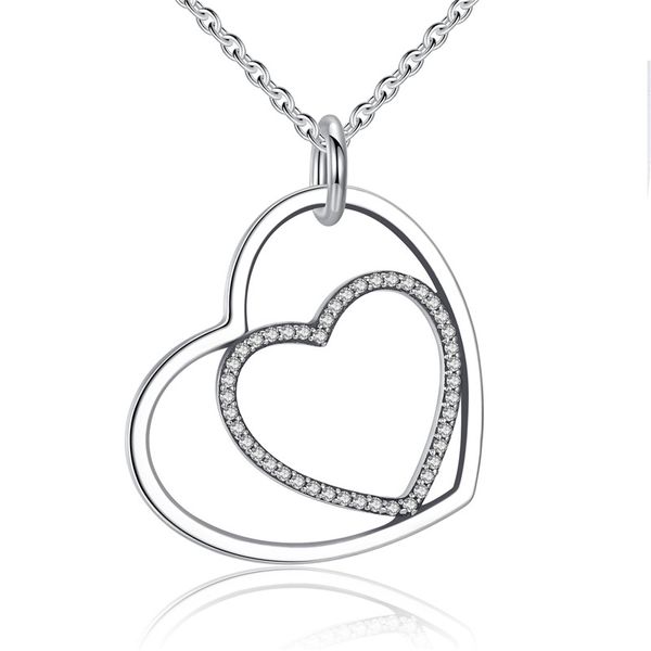 

classic 925 sterling silver heart to heart pendant necklace clear cz pendant charm statement necklace for women fine jewelry psn003