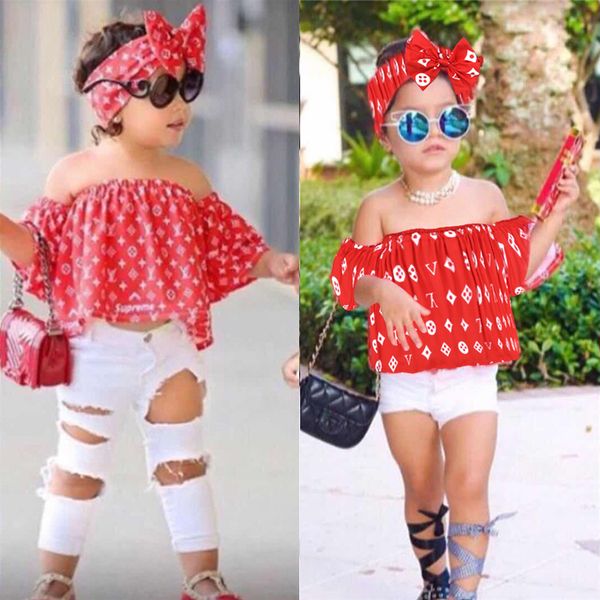 

baby girl kids clothes set 2 styles fashion bow hairband+a word shoulder hole pant 3 pcs set kids designer clothes girls jy315, White