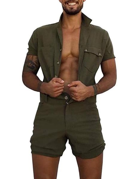 

men's casual lapel short sleeve jumpsuit solid color one button jumpsuit men's summer clothes, Black