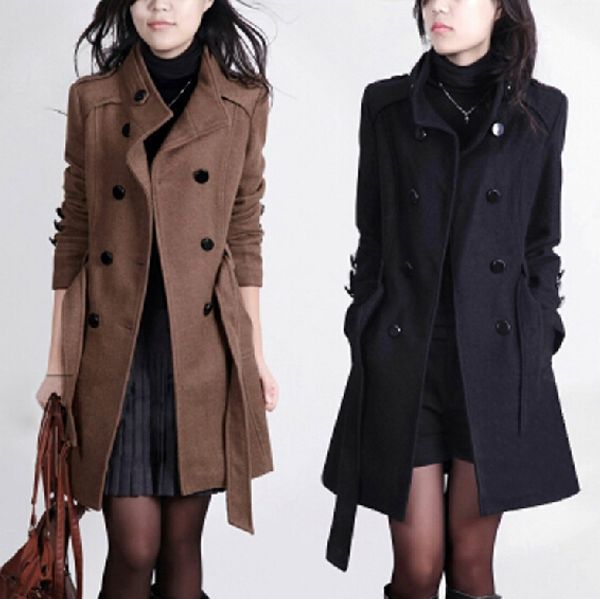 

new women coat women's slim double-breasted woolen coat autumn winter wool, Black