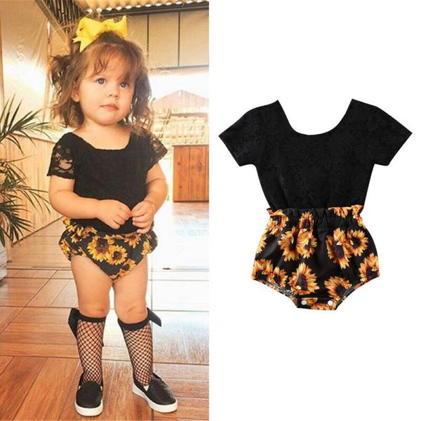 

summer newborn baby girl clothes short sleeve patchwork fashion jumpsuit bodysuit sunflower outfit, Blue