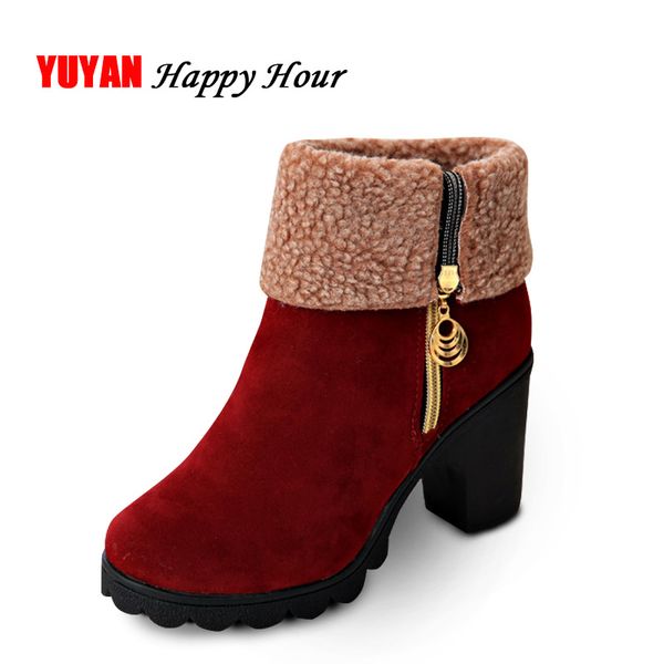 

new 2019 winter high heel boots warm plush square heels winter shoes women's boots ladies fashion brand ankle snow a056, Black