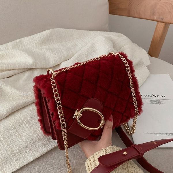 

2019 winter new women crossbody purses and handbags with gold chain-strap plush flap small shoulder bags clutch bolsas feminina