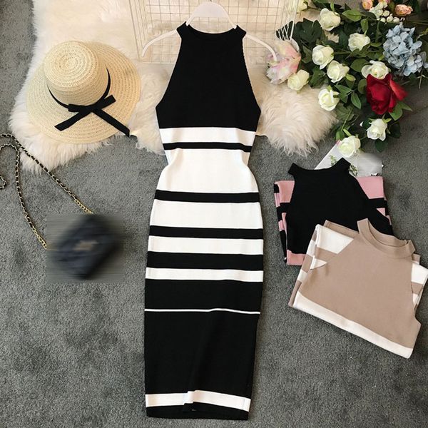 

fashion striped stretch women dress sleeveless vintage bodycon dresses knitted elegant vestido summer 2020 robe, Black;gray
