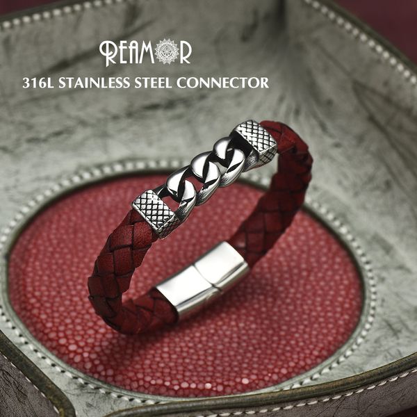 

reamor classic stainless steel bracelets & bangles men's fashion red genuine leather bracelet wristbands gift male jewelry, Golden;silver