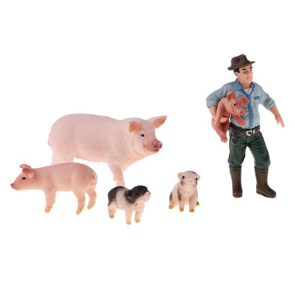 

realistic farm animal model action figure toy collectible - farmer & 4 pigs