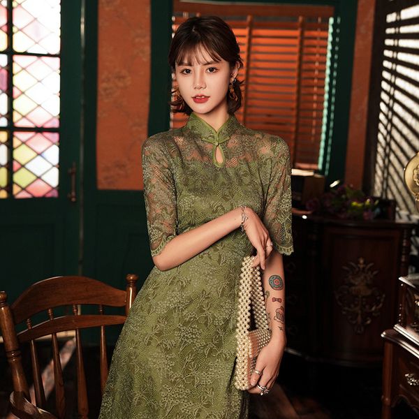 

green perspective qipao spring new lace vestidso elegant mandarin collar short cheongsam half sleeve evening party dress, Red