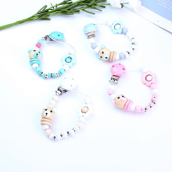 

pacifier clip chain baby infant soothie care accessories bear wooden beads prevent drop down paci holder clips teether toy 1007