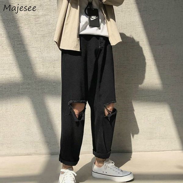 

men jeans holes ankle-length chic solid all-match high street big size 3xl oversize mens streetwear denim straight trousers new, Blue