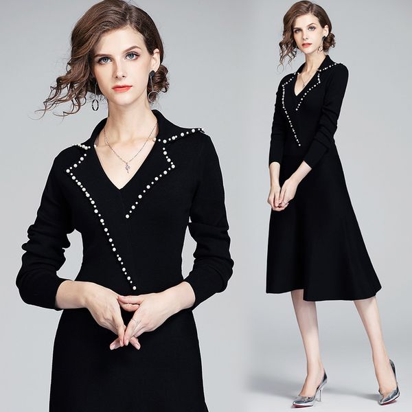 

european station temperament elegant waistband show thin foreign style small black skirt suit collar knitting dress, Black;gray