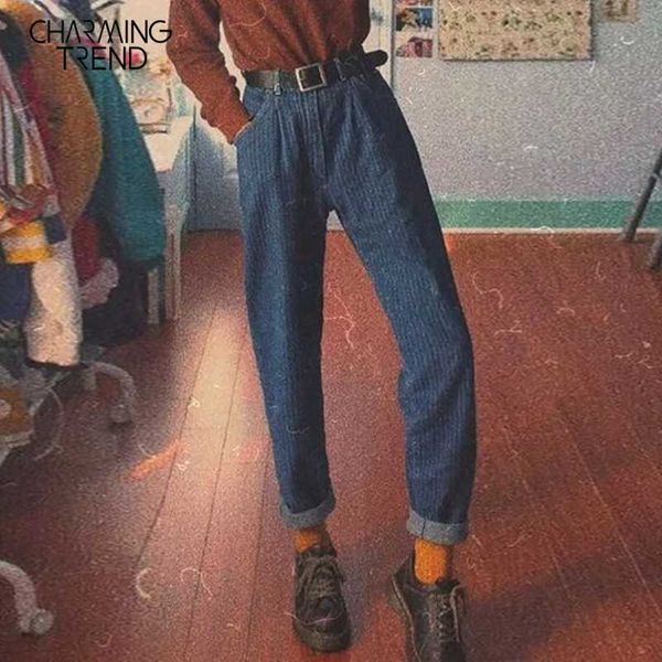 

women chic casual striped slim denim trousers vintage 2020 spring summer female long pants soft mid waist fashion jeans women, Blue