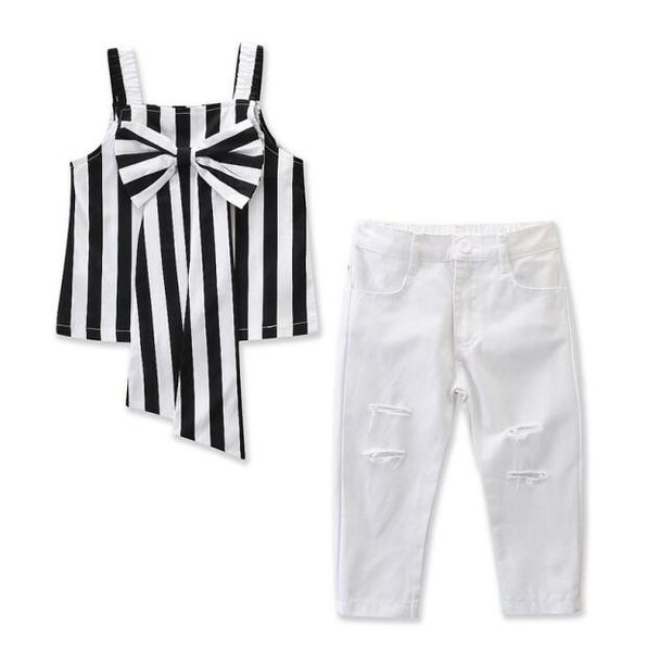 

wholesale fashion summer outfits kids designer clothes girls suit stripe tank +hole trousers kids sets baby girl designer clothes by1035, White