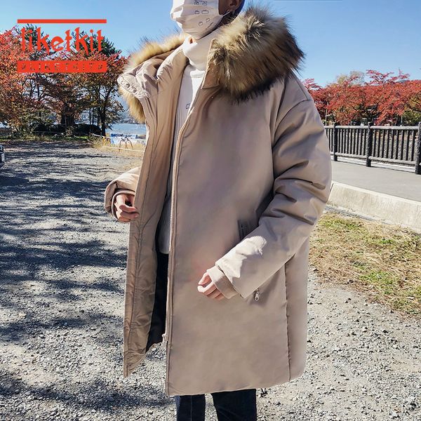 

liketkit men's winter hooded jackets and coats 2019 solid color big fur collar long coat male korean fashion loose thicken parka, Black
