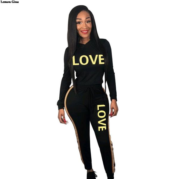 

lemon gina 2019 new two piece love letter printed women's set hooded pullovers long pants suits sporting tracksuit outfit y5076, White